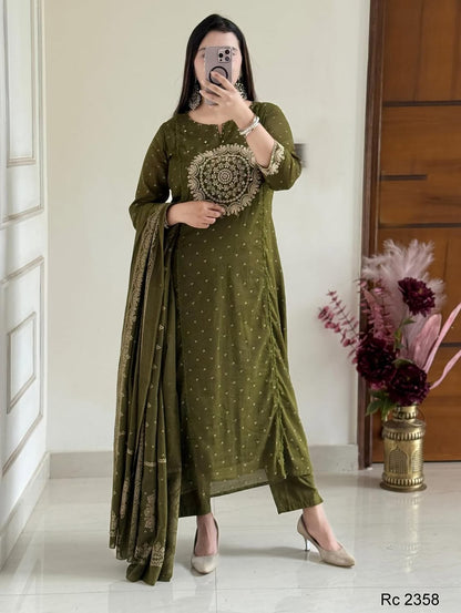 Green Embroidered Anarkali Kurta Set with Bell Sleeves and Dupatta