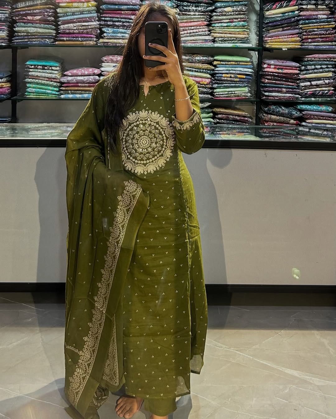 Green Embroidered Anarkali Kurta Set with Bell Sleeves and Dupatta