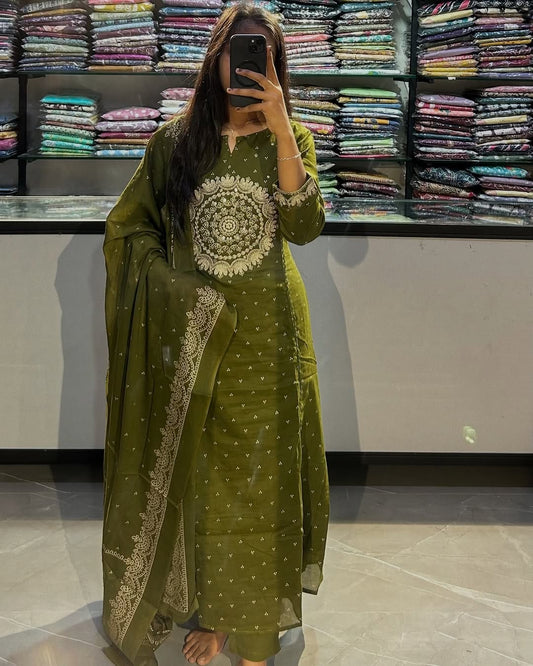 Green Embroidered Anarkali Kurta Set with Bell Sleeves and Dupatta