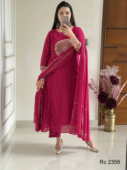 Pink Embroidered Anarkali Kurta Set with Bell Sleeves and Dupatta
