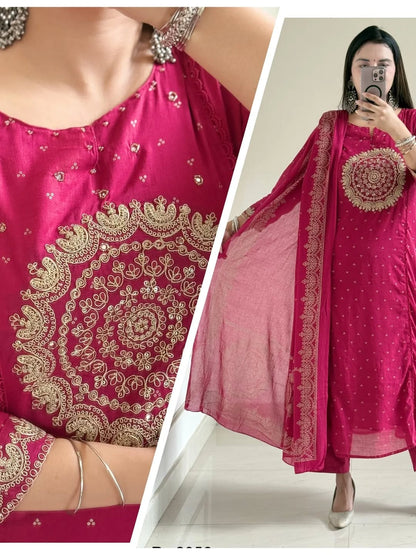 Pink Embroidered Anarkali Kurta Set with Bell Sleeves and Dupatta