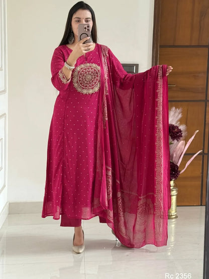 Pink Embroidered Anarkali Kurta Set with Bell Sleeves and Dupatta