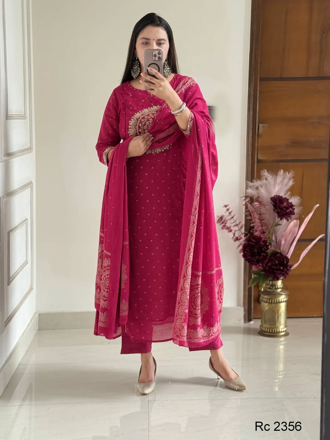 Pink Embroidered Anarkali Kurta Set with Bell Sleeves and Dupatta