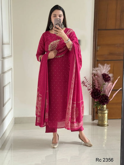 Pink Embroidered Anarkali Kurta Set with Bell Sleeves and Dupatta