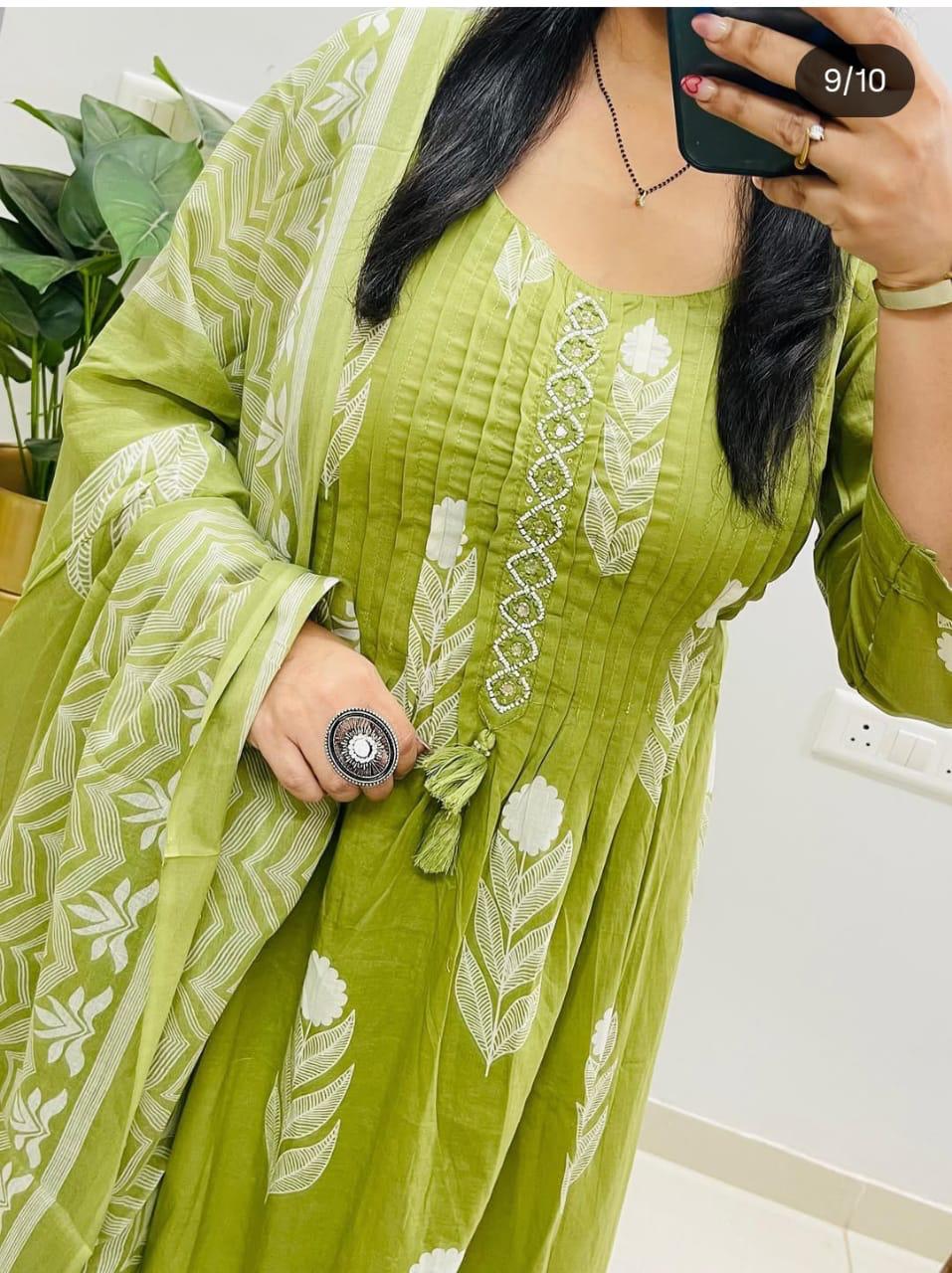 Green Block Ikat Print Kurta Set