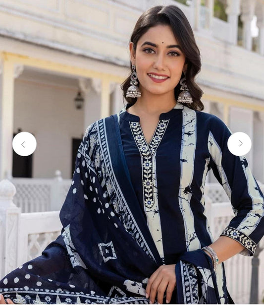 Women Cotton Blend Kurta Palazzo Dupatta Set