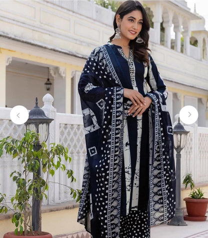 Women Cotton Blend Kurta Palazzo Dupatta Set