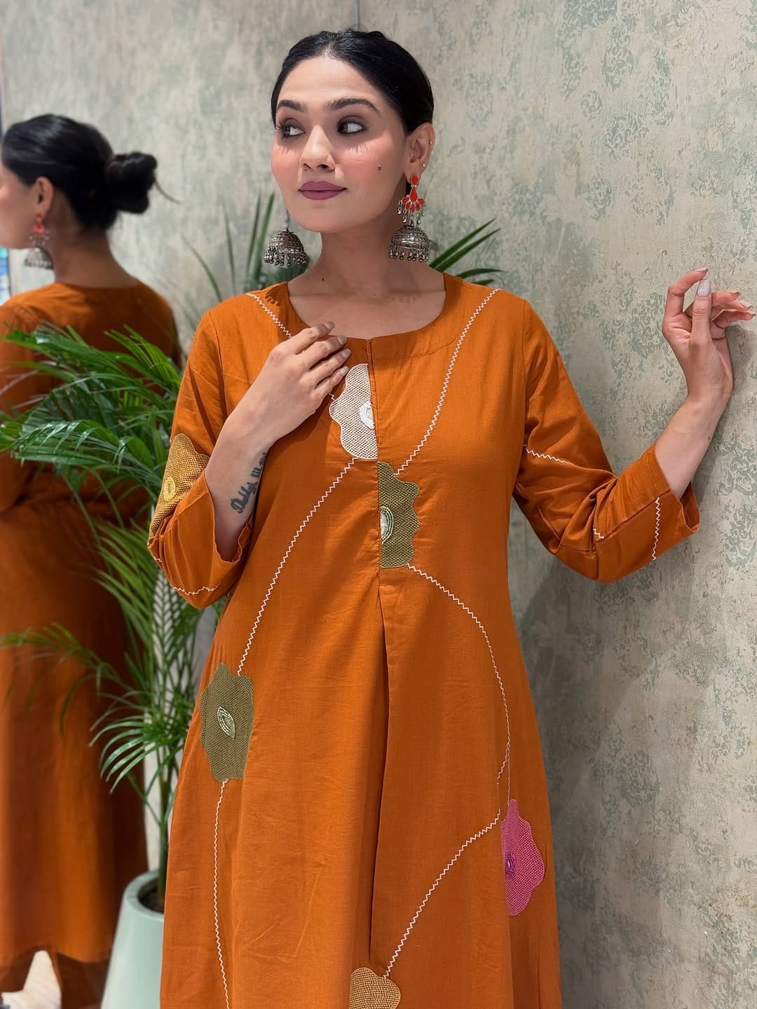 Women Rust Cotton Embroidery Floral Kurta Pant and Mulmul Dupatta set