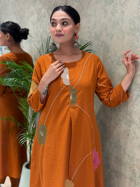 Women Rust Cotton Embroidery Floral Kurta Pant and Mulmul Dupatta set