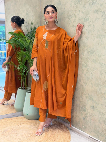 Women Rust Cotton Embroidery Floral Kurta Pant and Mulmul Dupatta set