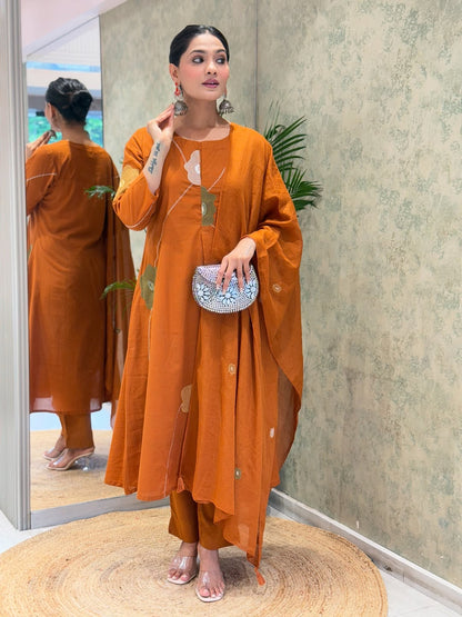 Women Rust Cotton Embroidery Floral Kurta Pant and Mulmul Dupatta set