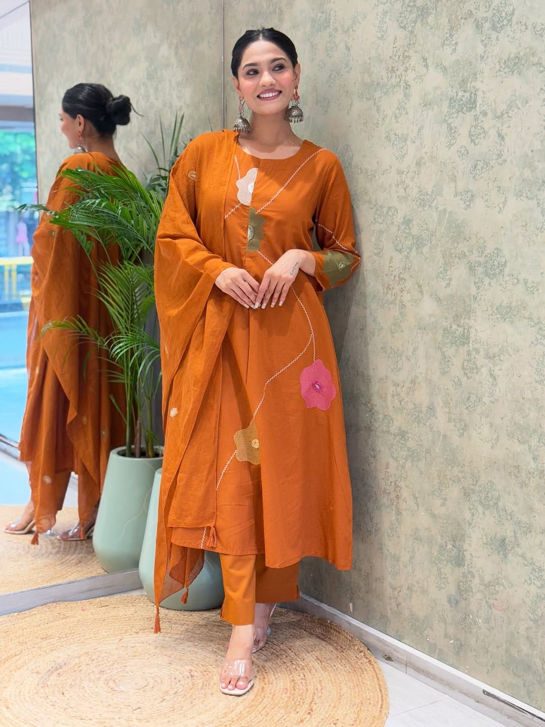 Women Rust Cotton Embroidery Floral Kurta Pant and Mulmul Dupatta set