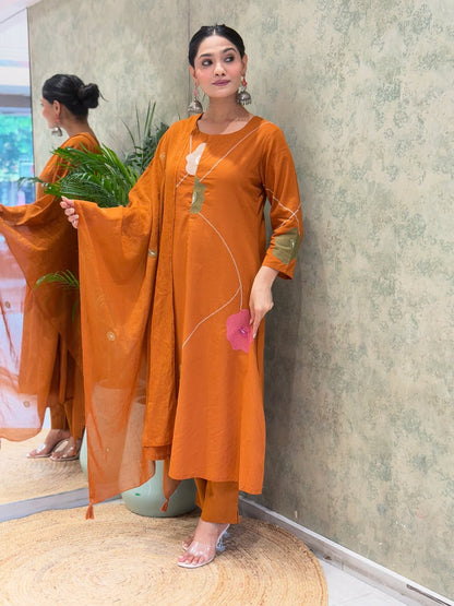 Women Rust Cotton Embroidery Floral Kurta Pant and Mulmul Dupatta set