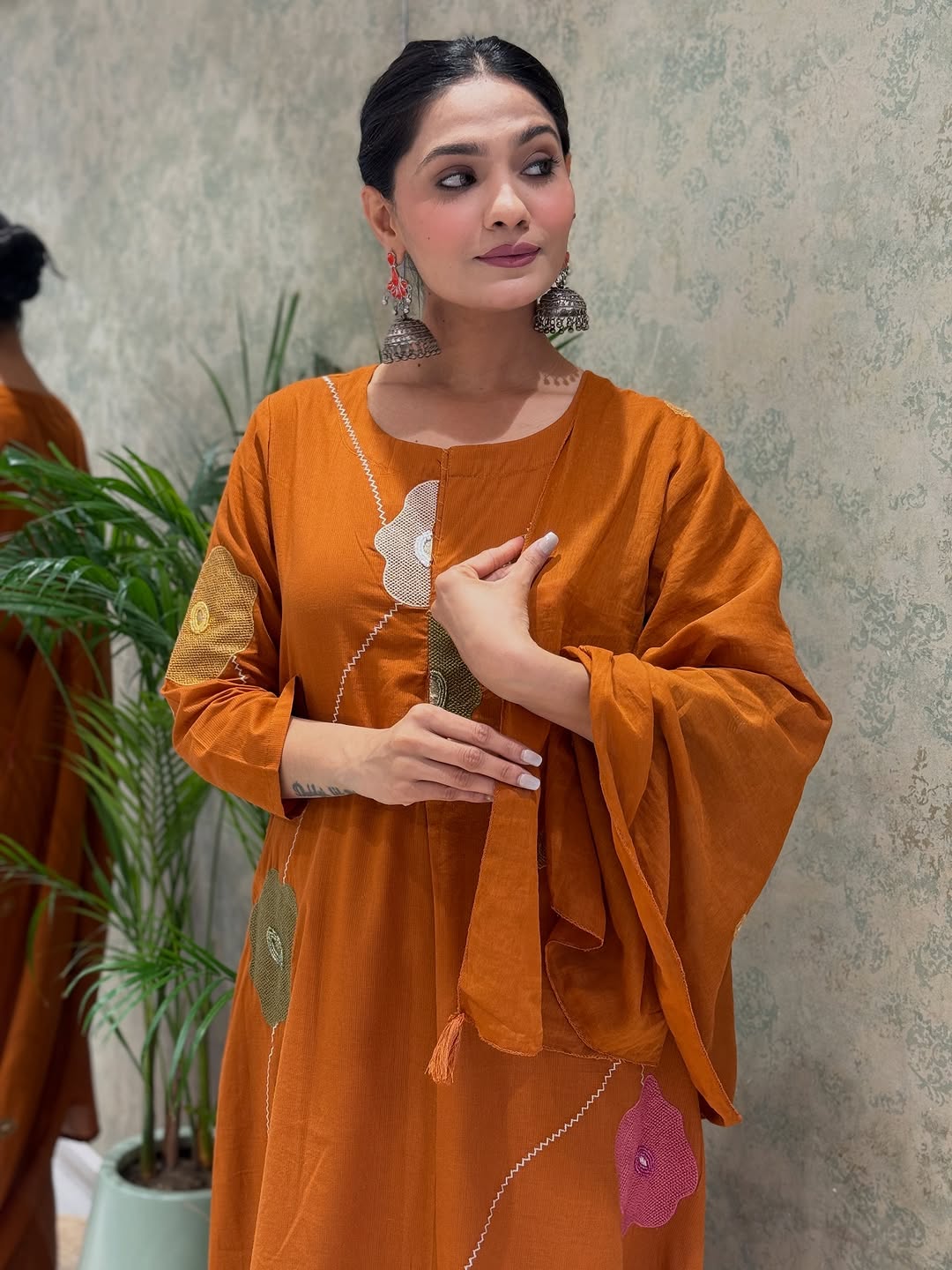 Women Rust Cotton Embroidery Floral Kurta Pant and Mulmul Dupatta set