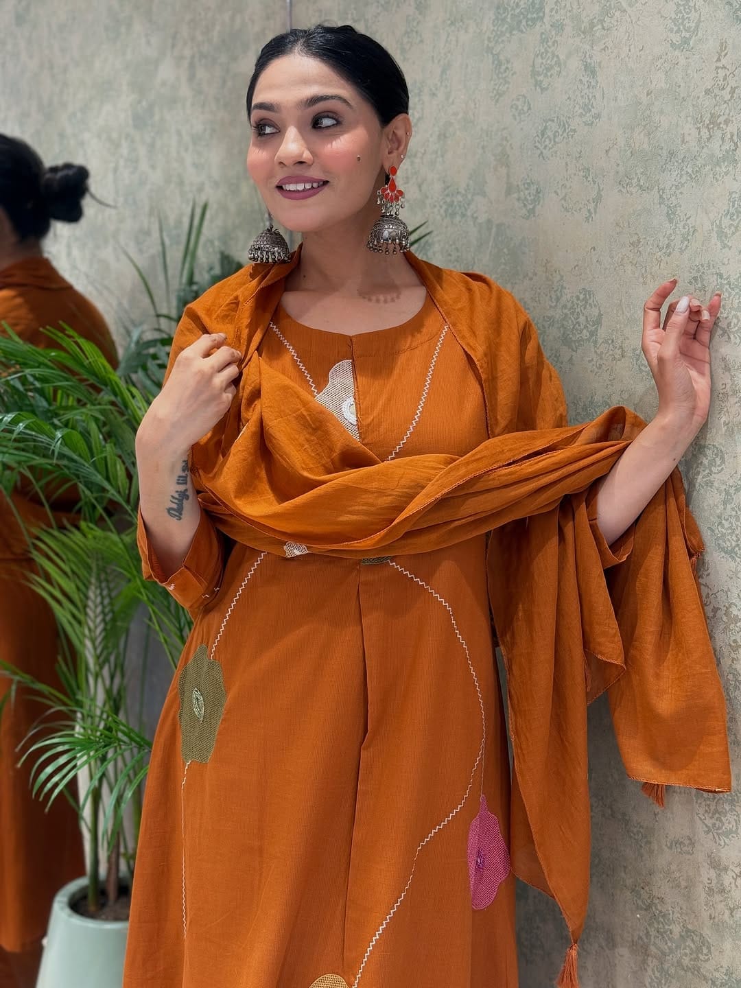 Women Rust Cotton Embroidery Floral Kurta Pant and Mulmul Dupatta set