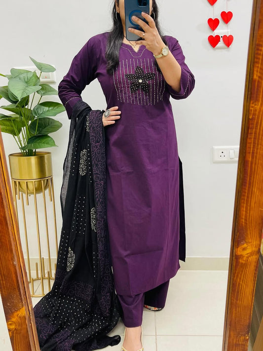 Purple Designer Jaipuri Applique & Mirror Work Dhabu Cotton Suit
