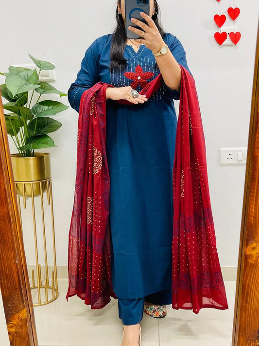 Blue Designer Jaipuri Applique & Mirror Work Dhabu Cotton Suit