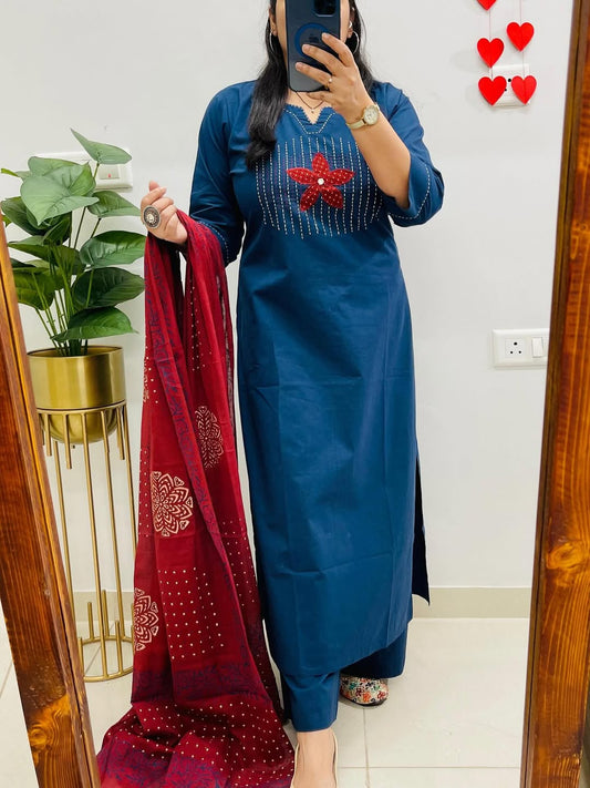Blue Designer Jaipuri Applique & Mirror Work Dhabu Cotton Suit