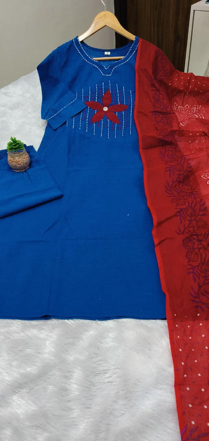 Blue Designer Jaipuri Applique & Mirror Work Dhabu Cotton Suit