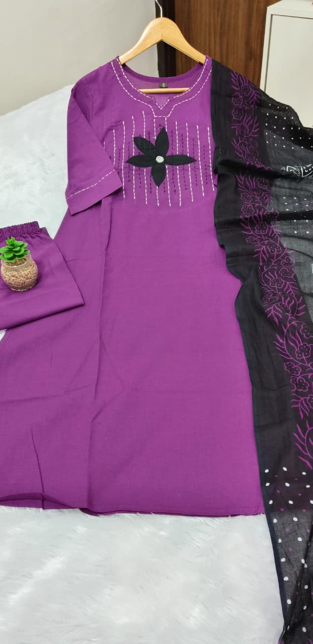 Purple Designer Jaipuri Applique & Mirror Work Dhabu Cotton Suit