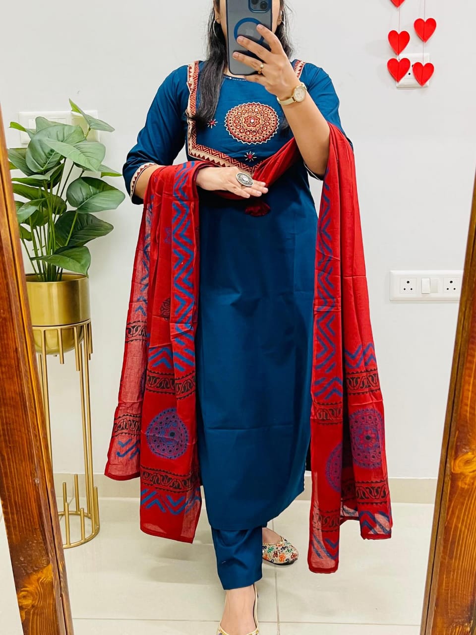 Blue Sitara Mirror Applique Kurti Set with Block Print Dupatta