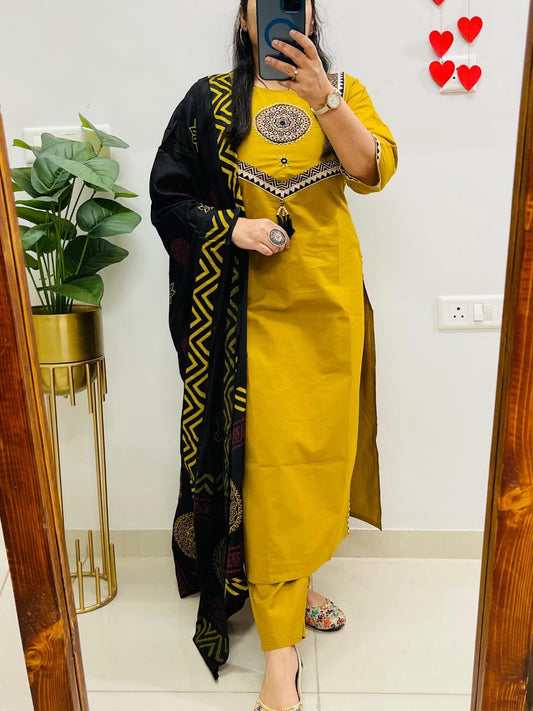 Yellow Sitara Mirror Applique Kurti Set with Block Print Dupatta