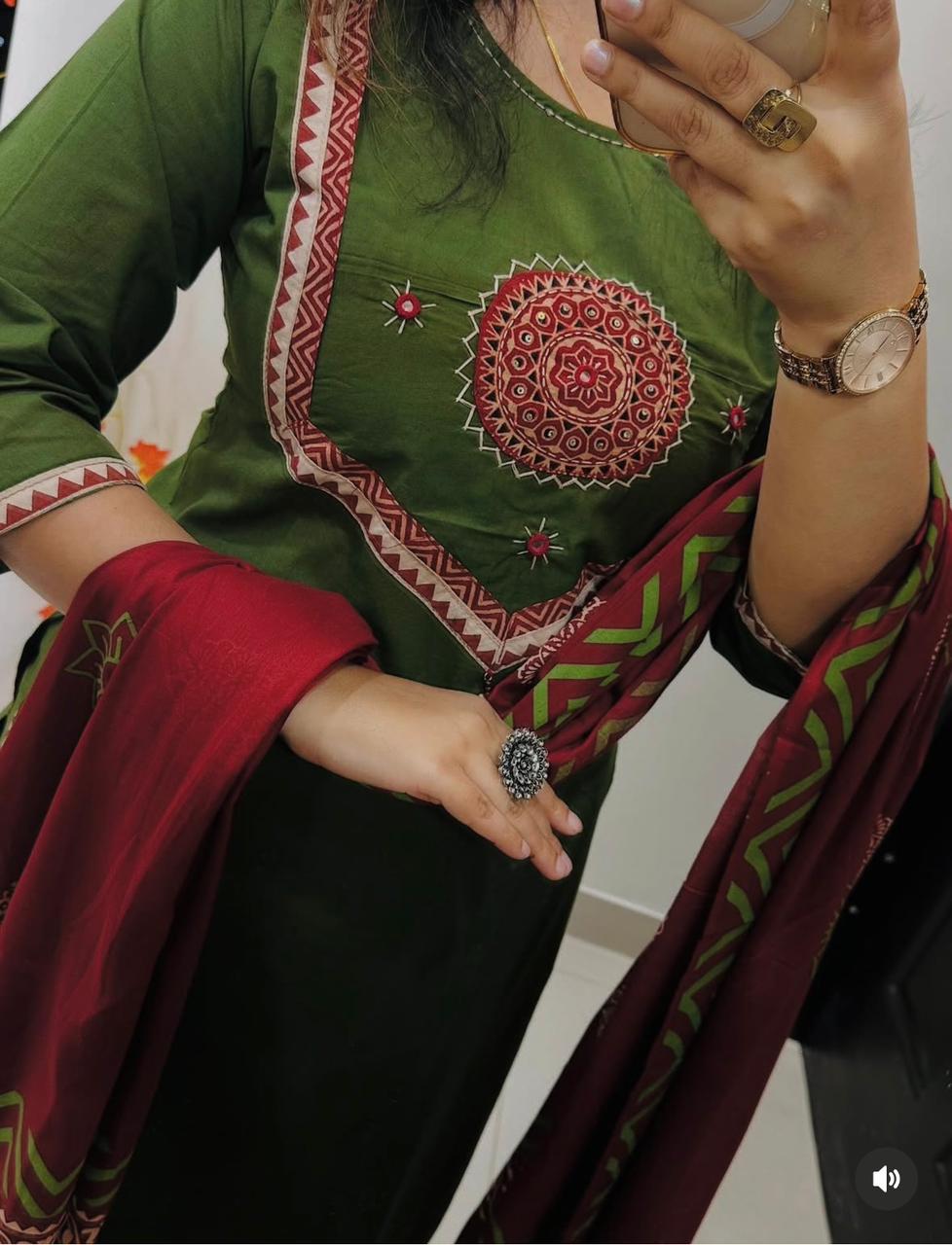 Green Sitara Mirror Applique Kurti Set with Block Print Dupatta