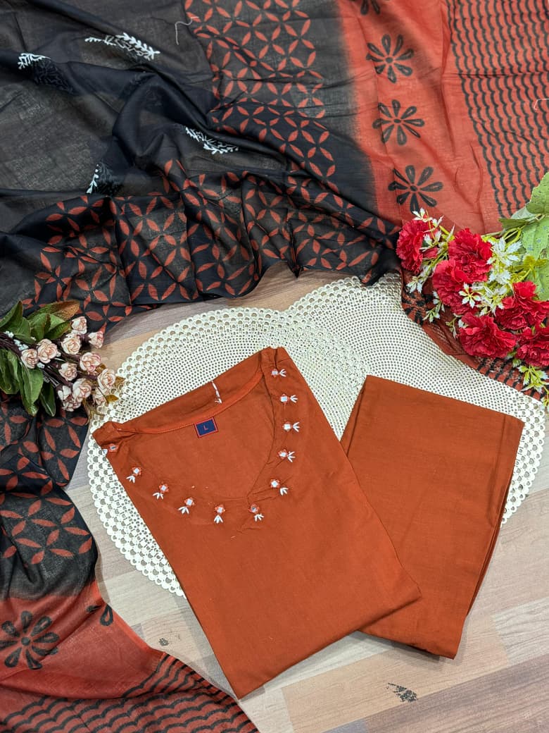 Rust Premium Dhabu Cotton Kurti Set with Applique Work & Cotton Dupatta
