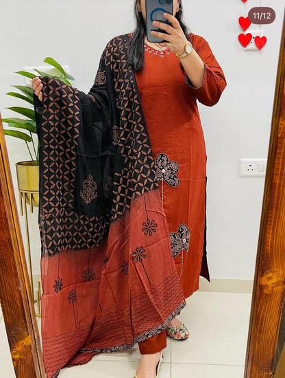 Rust Premium Dhabu Cotton Kurti Set with Applique Work & Cotton Dupatta