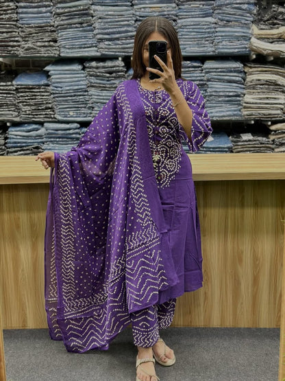 Bandhni Print Applique Codi Work Cotton Suit