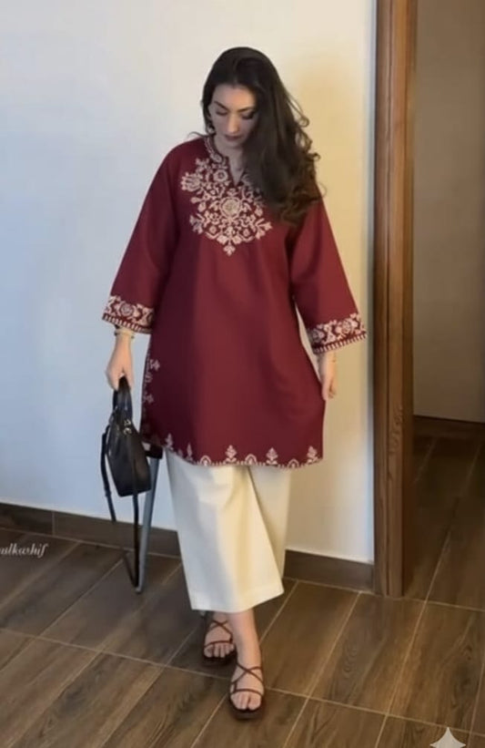 Embroidery Red Cotton Kurta Set with Palazzo Pants