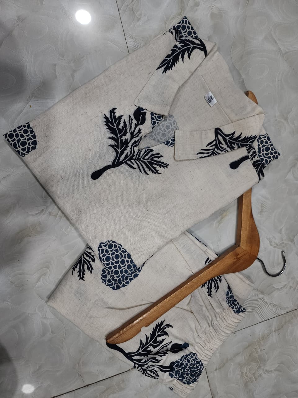 Women’s White Cotton Co-Ord Set with Blue Floral Print