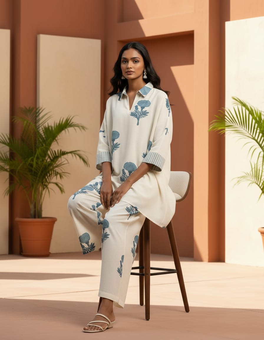 Women’s White Cotton Co-Ord Set with Blue Floral Print