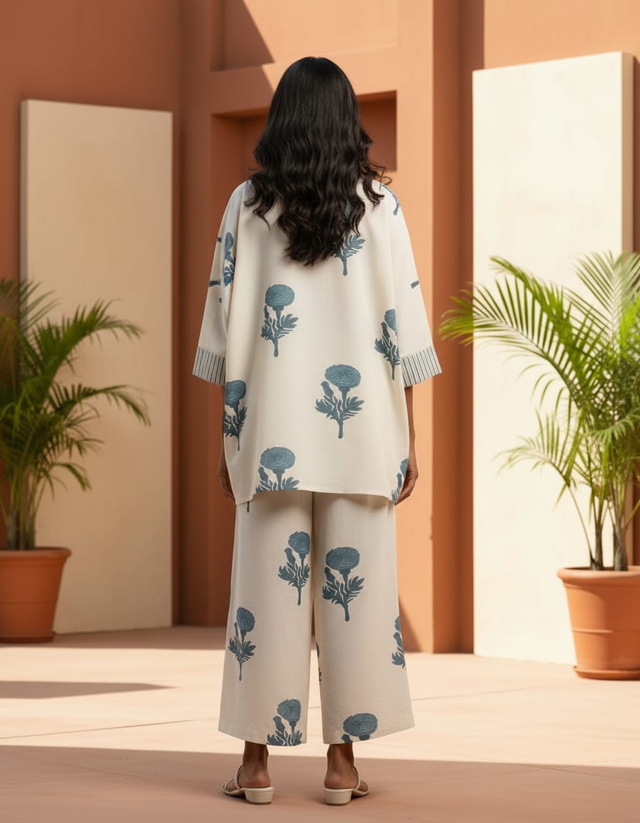 Women’s White Cotton Co-Ord Set with Blue Floral Print