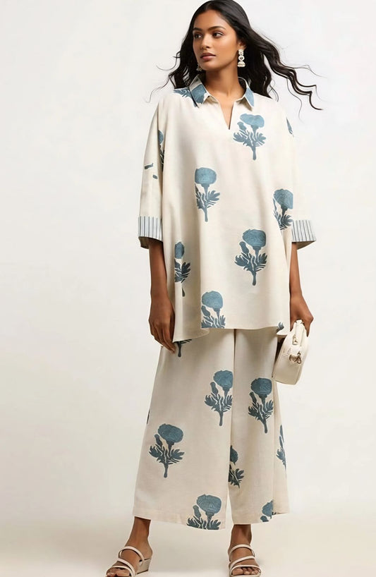 Women’s White Cotton Co-Ord Set with Blue Floral Print