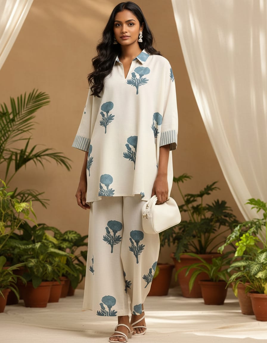 Women’s White Cotton Co-Ord Set with Blue Floral Print