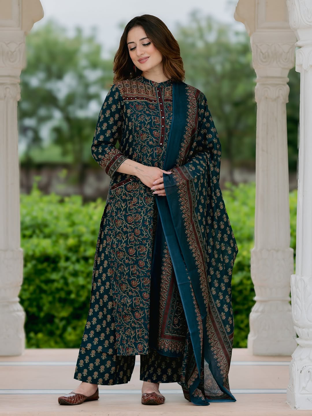 Premium Teal Printed Kurta Set with Dupatta (3-Piece)