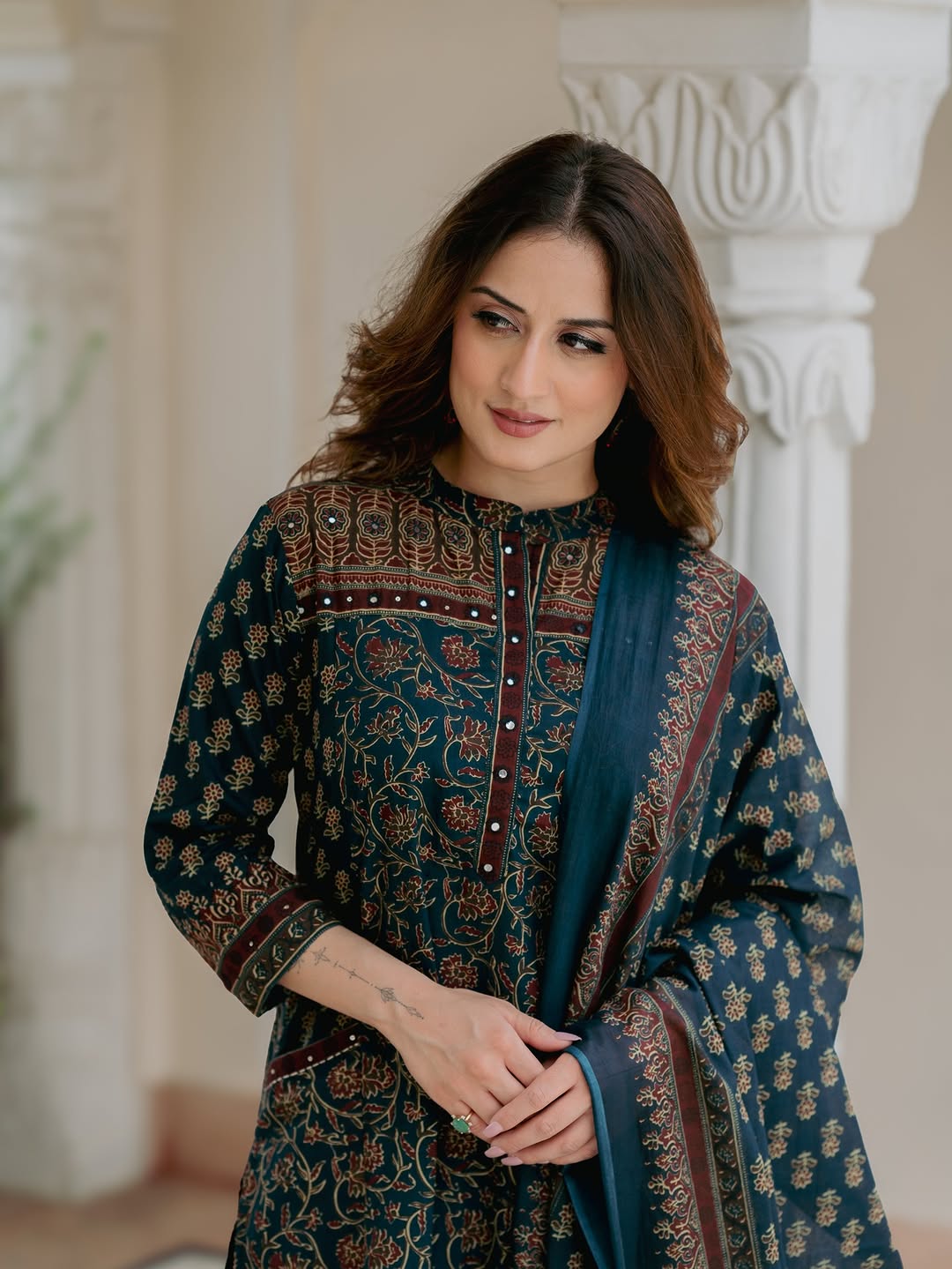 Premium Teal Printed Kurta Set with Dupatta (3-Piece)