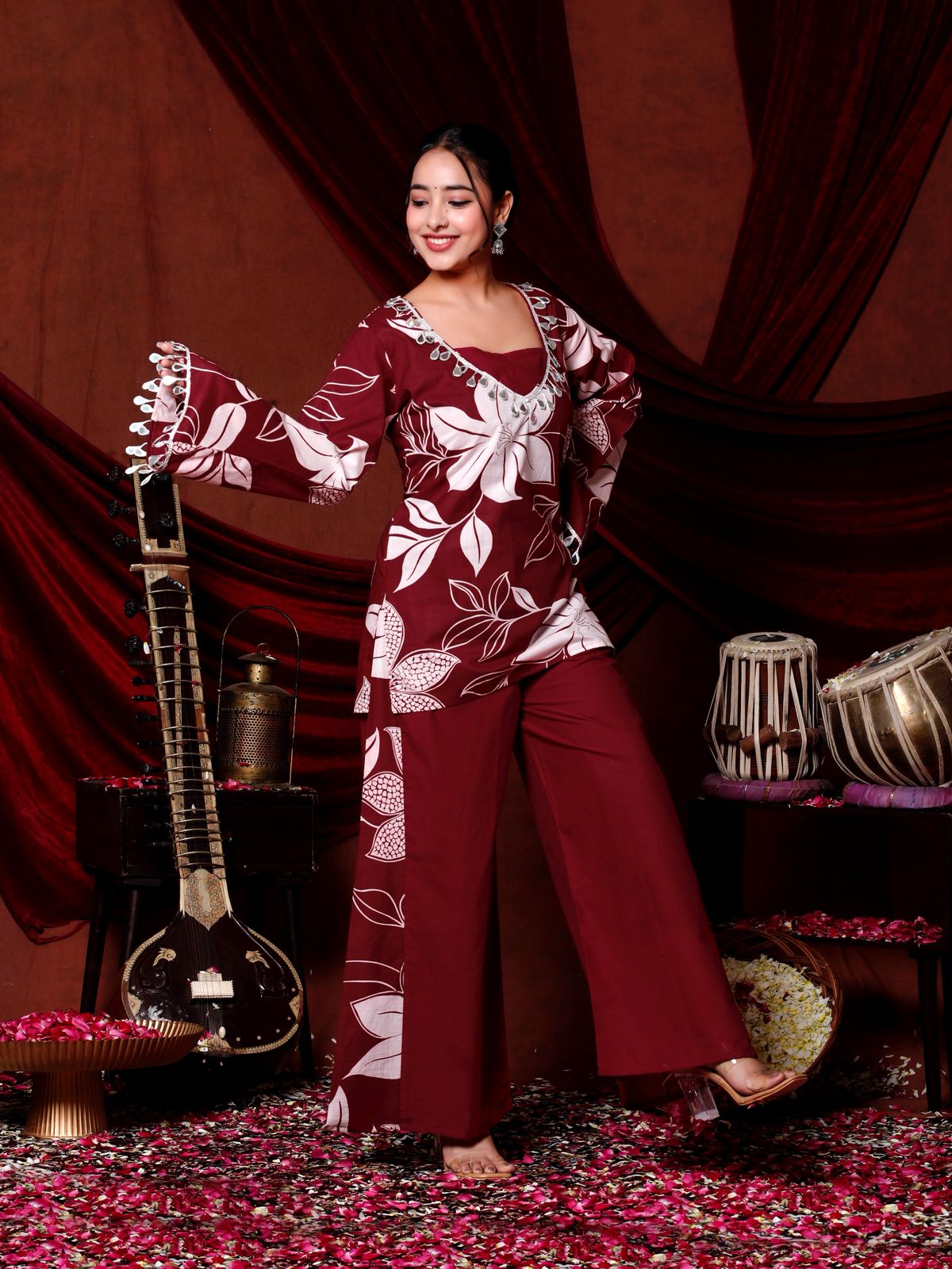 Floral Printed Cotton Kurti with Pant for Women