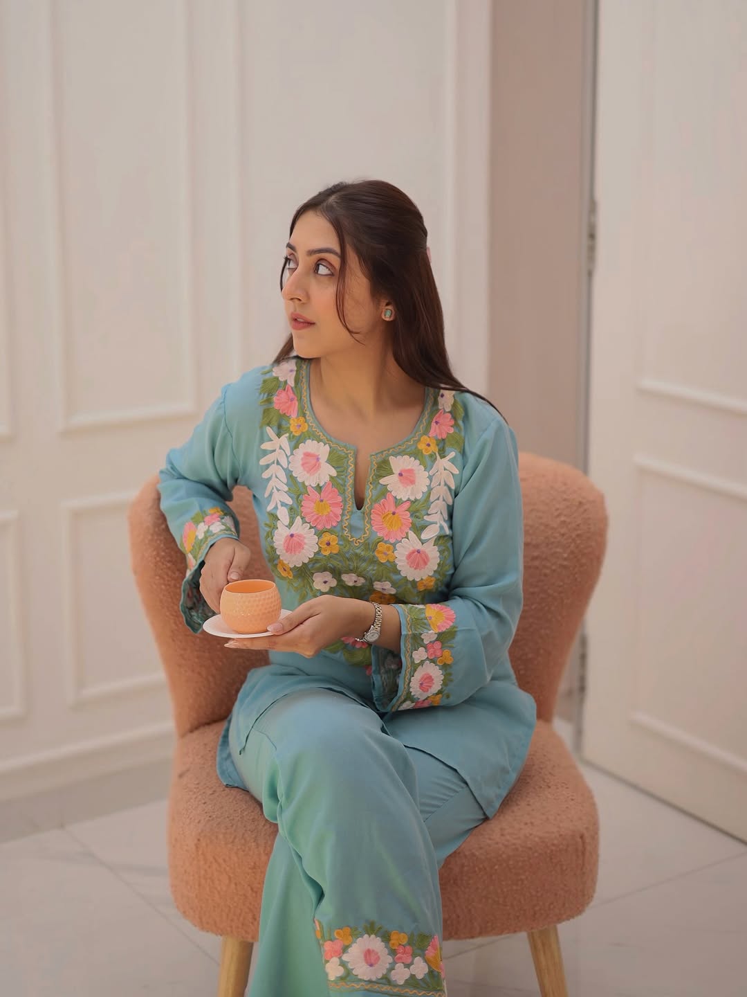 Sky Blue Embroidery Cotton Co Ord Set