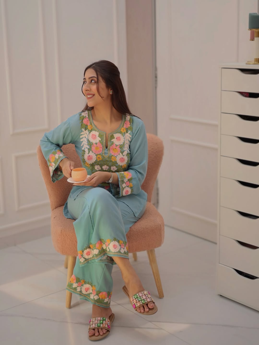 Sky Blue Embroidery Cotton Co Ord Set