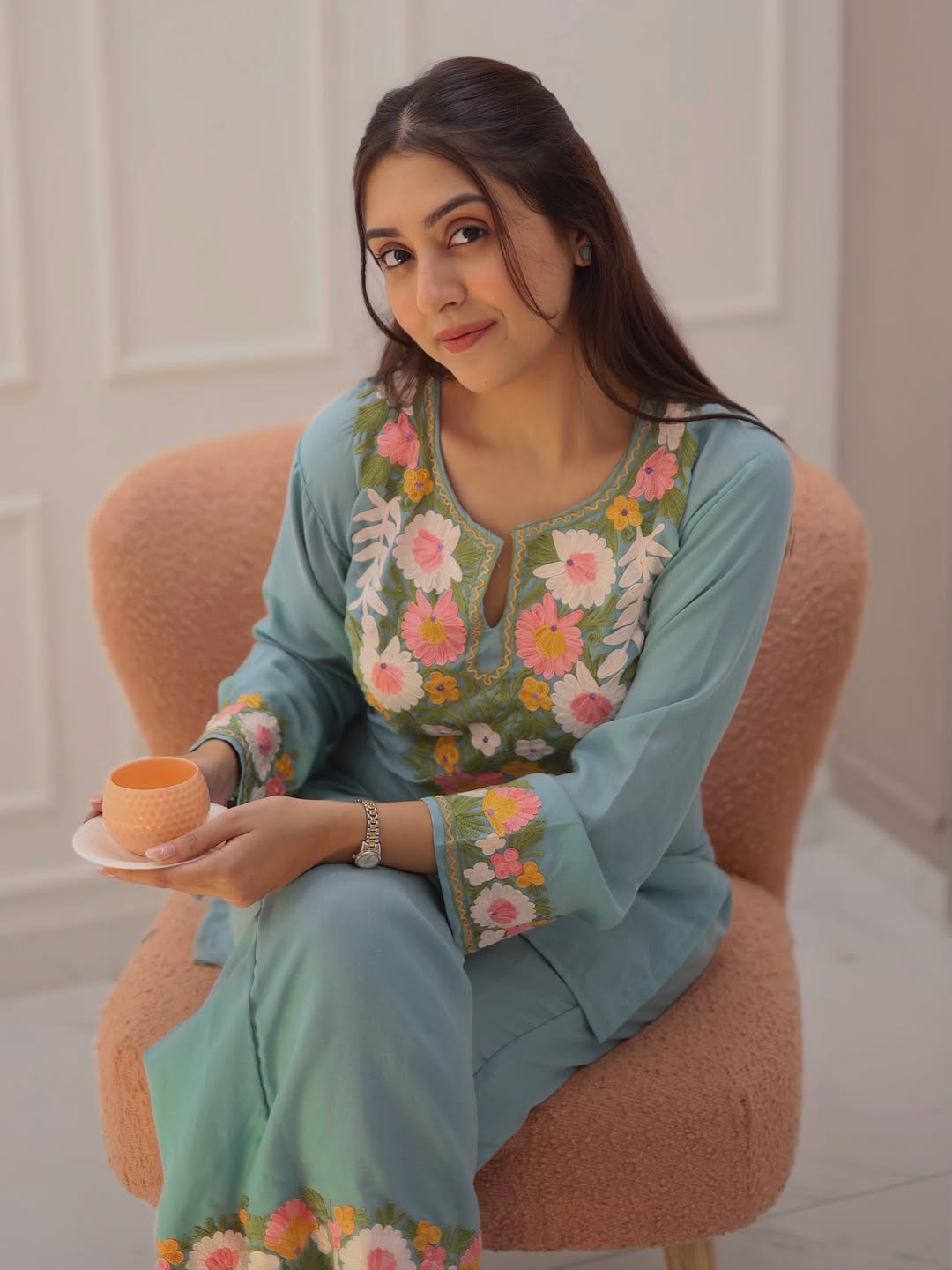 Sky Blue Embroidery Cotton Co Ord Set
