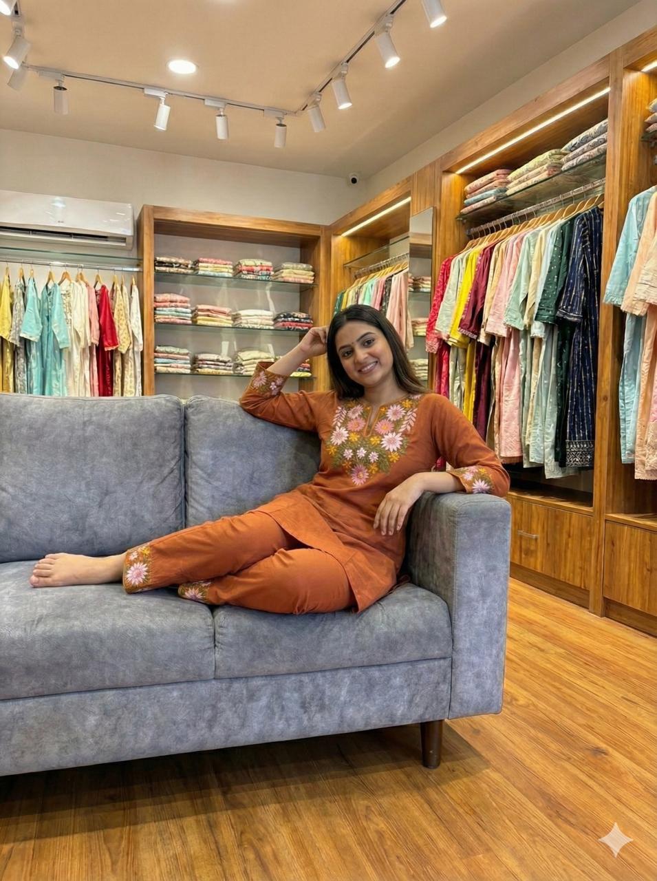 Maroon Embroidery Cotton Co Ord Set