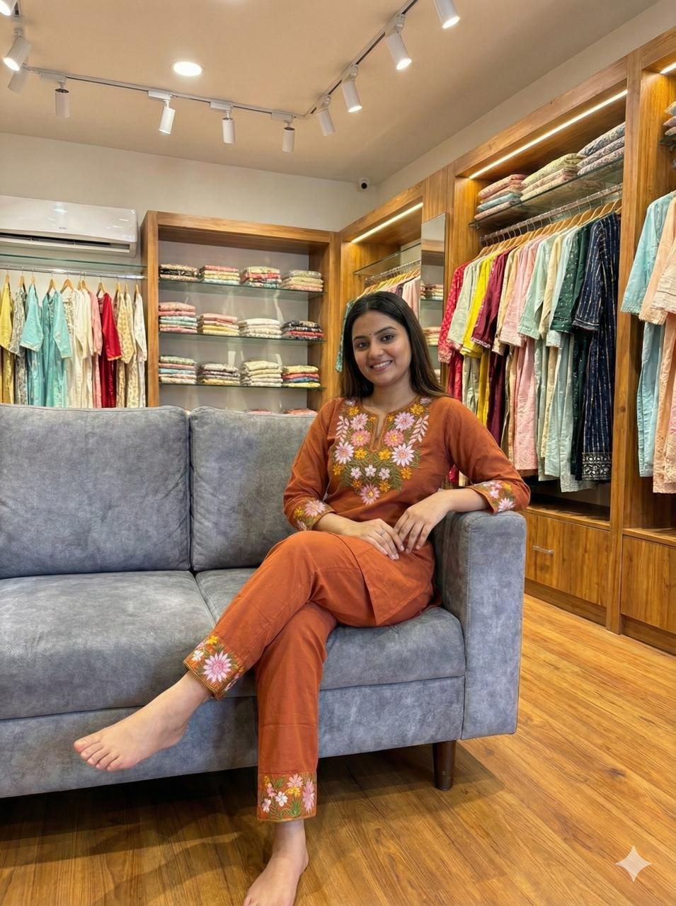 Maroon Embroidery Cotton Co Ord Set
