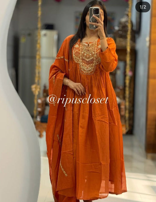 Rust Embroidered Suit Set with Dupatta