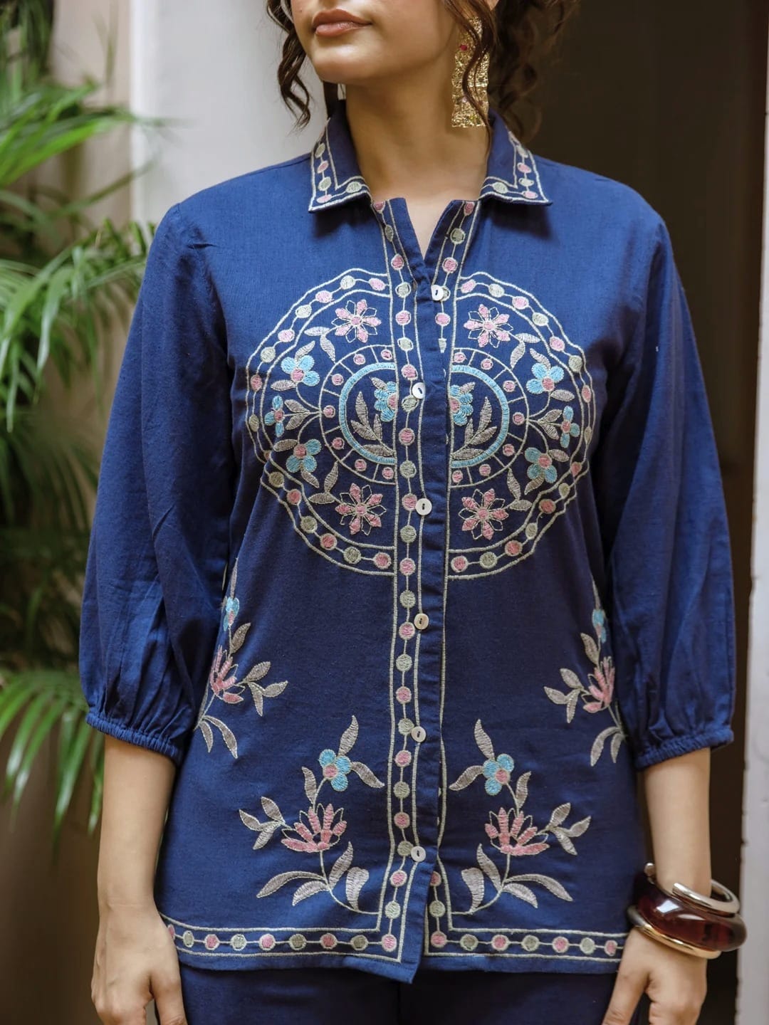 Blue Embroidery Cotton Co Ord Set