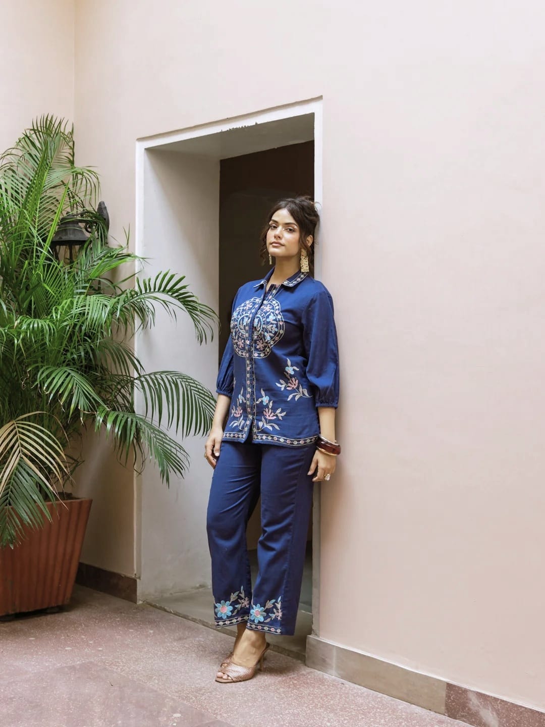 Blue Embroidery Cotton Co Ord Set