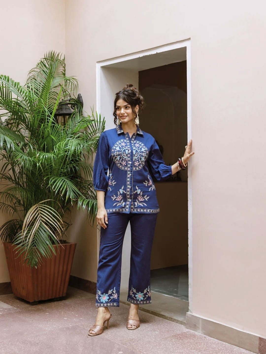 Blue Embroidery Cotton Co Ord Set