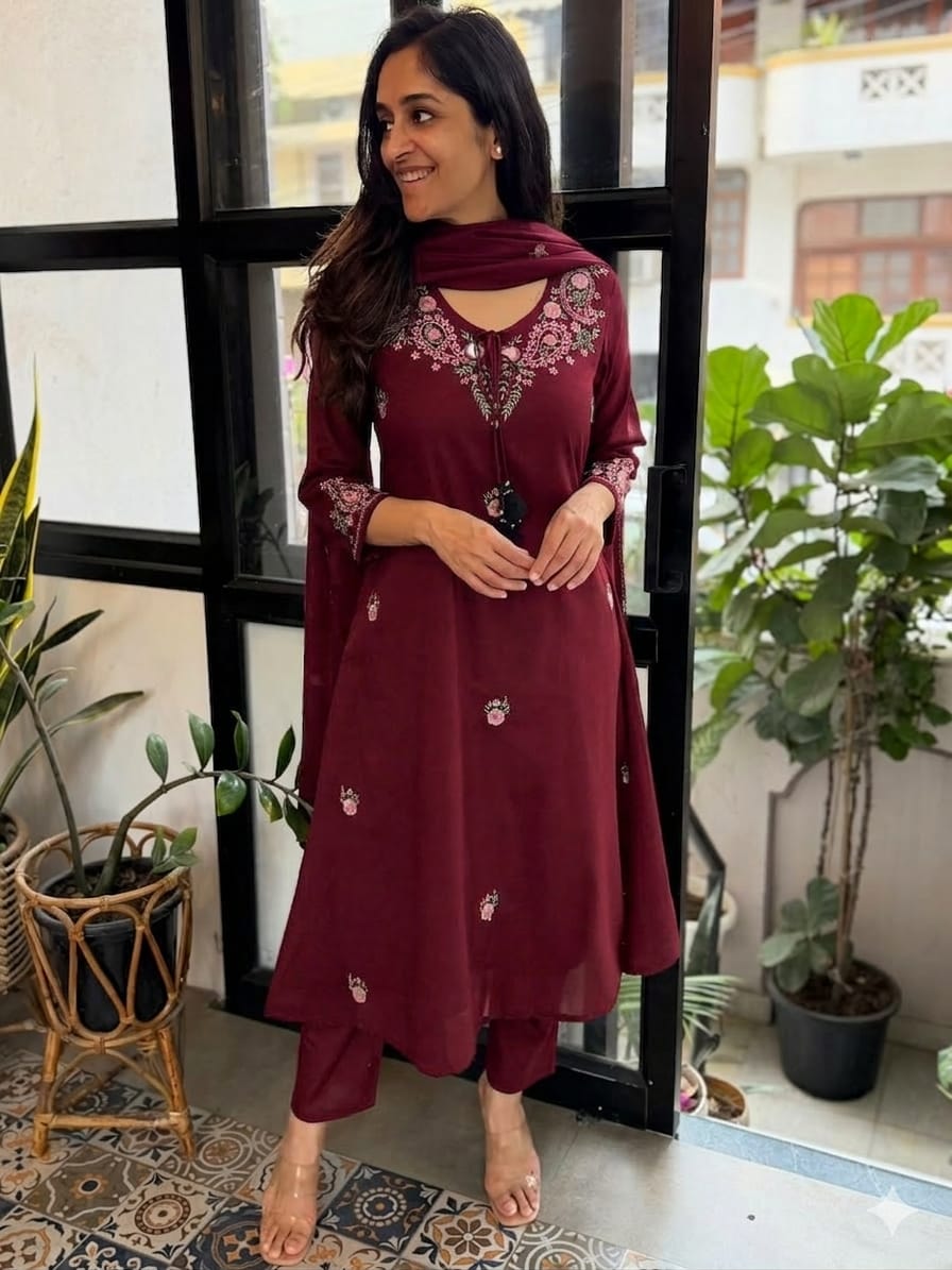 Women’s Maroon Embroidered Kurta Pant Set with Dupatta