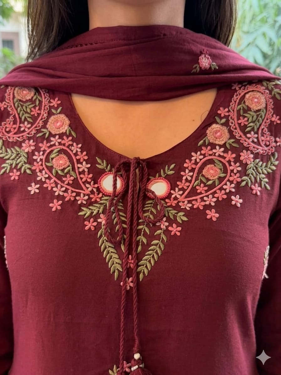 Women’s Maroon Embroidered Kurta Pant Set with Dupatta